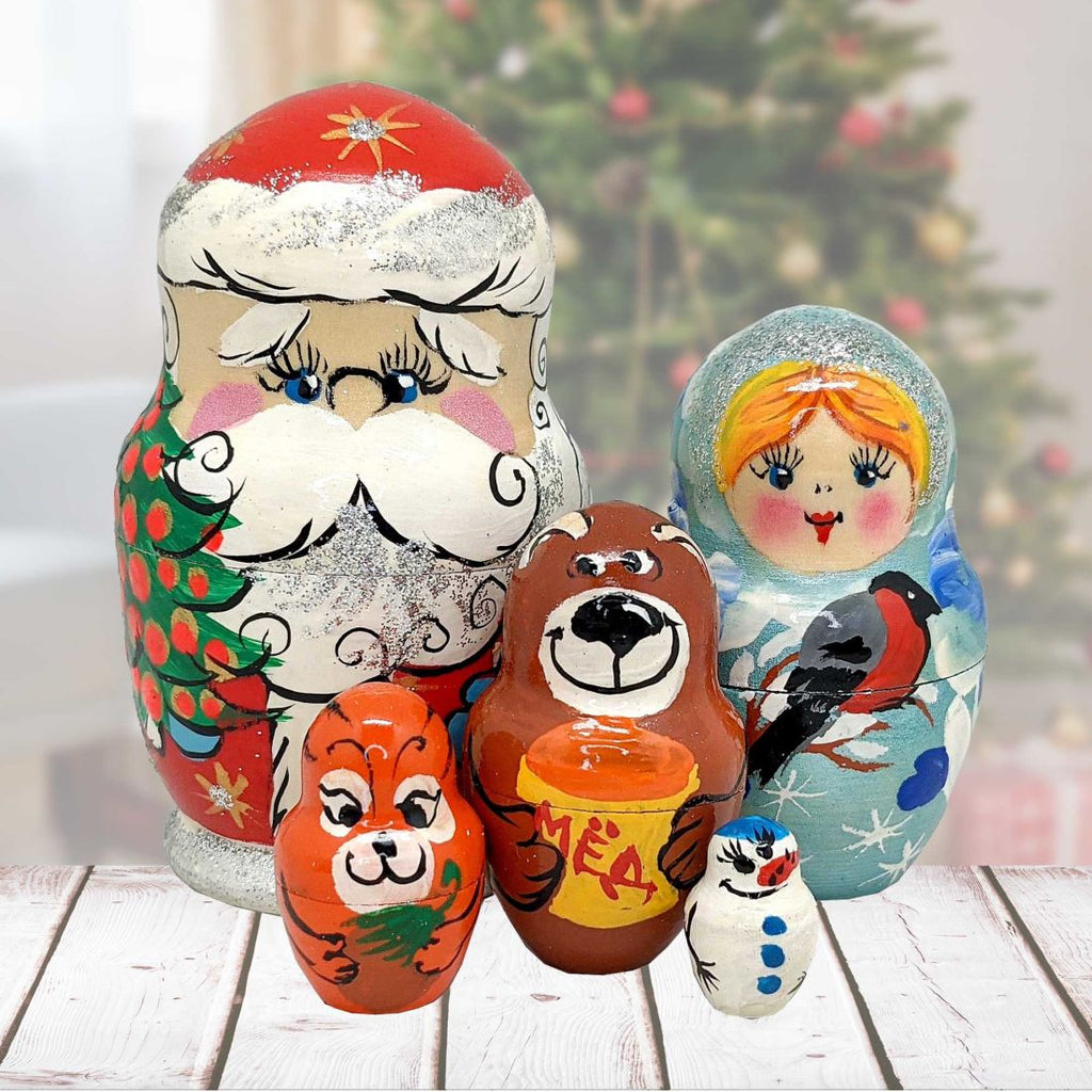 Santa with Forest Friends Matreshka Nesting Hand-Painted Doll Set of 5 by G. DeBrekht - Christmas Santa Snowman Decor - 110152