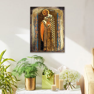 Saint Nicholas Wooden Gold Plated Religious Orthodox Sacred Icon - Inspirational Icon Decor - 85033