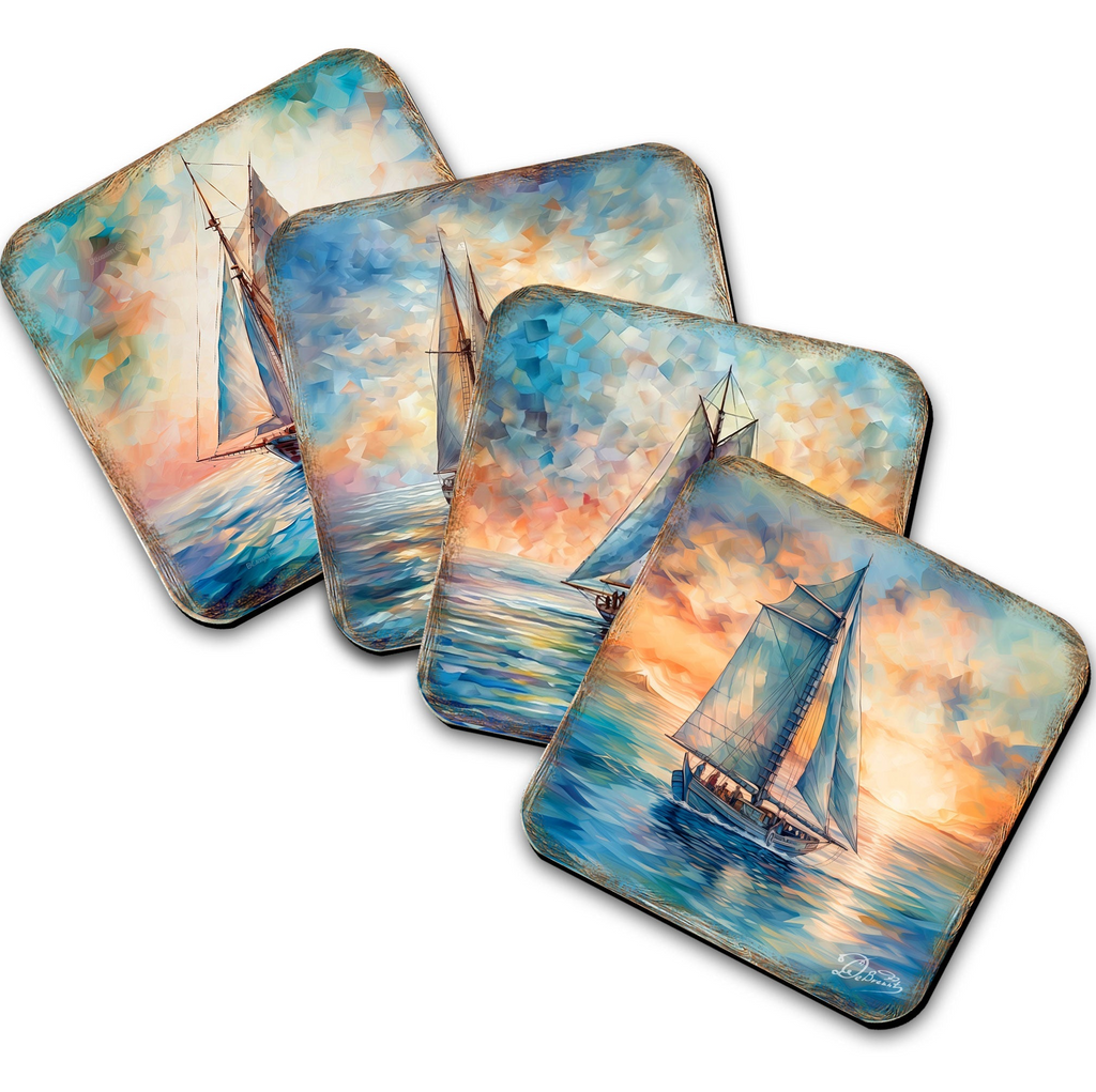 four square coasters with paintings of sailboats on the ocean.