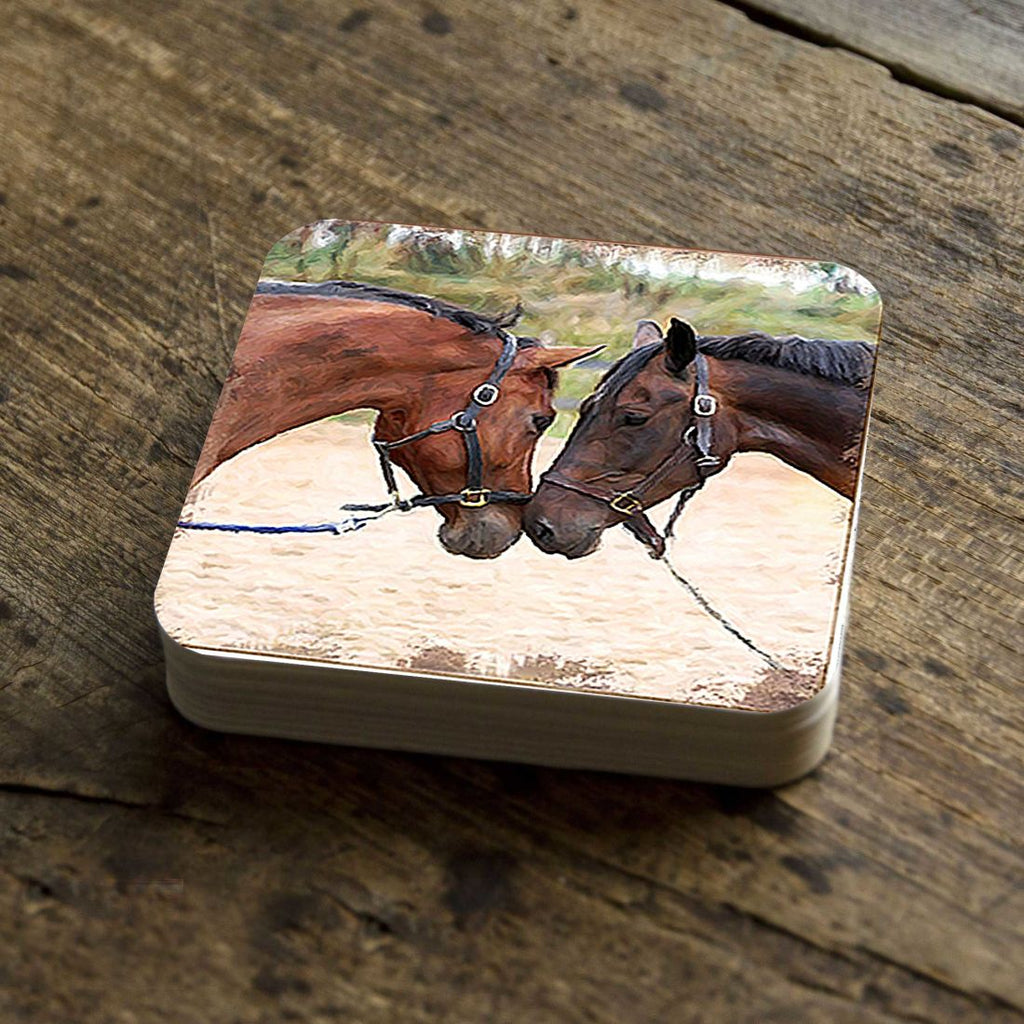 Horses Wooden Cork Coasters Gift Set of 4 by Nature Wonders - Nature Wildlife Decor - 95370C-S4