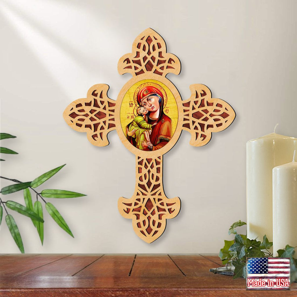 Vladimir Virgin Mary Pointy Wooden Cross by Museum Icons - Inspirational Icon Decor - 88311