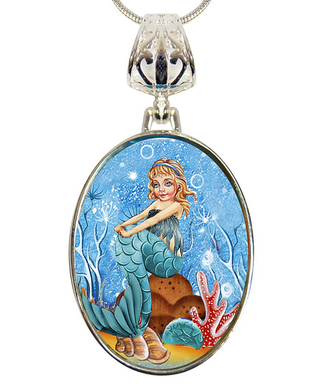 A pendant featuring a mermaid with a blue tail and a serene underwater scene with coral, bubbles, and a starfish.