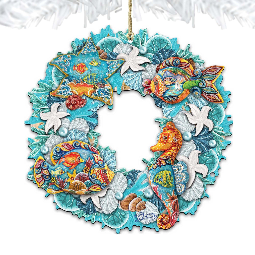Sea Creatures Wreath Wooden Ornaments by G. DeBrekht - Coastal Holiday Decor - 8185306-3