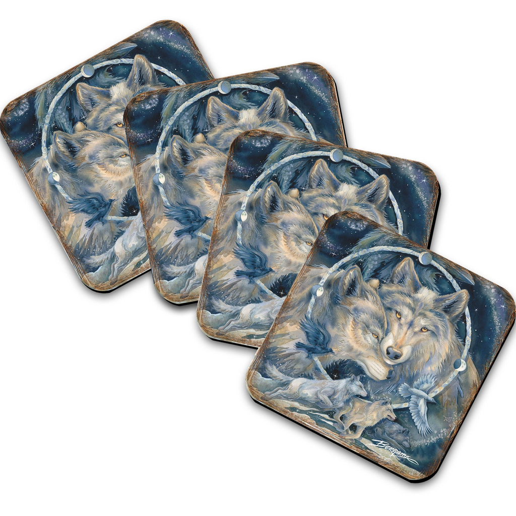 A set of four coasters featuring a painting of a wolf and birds against a night sky background.