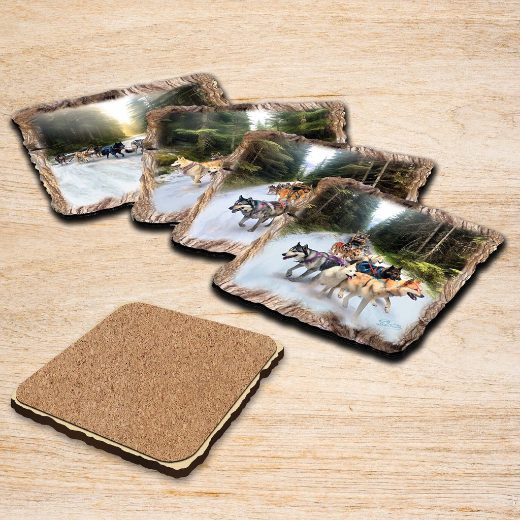 Husky Ride Wooden Cork Coasters Gift Set of 4 by Nature Wonders Nature Wildlife Decor - 95401C-S4
