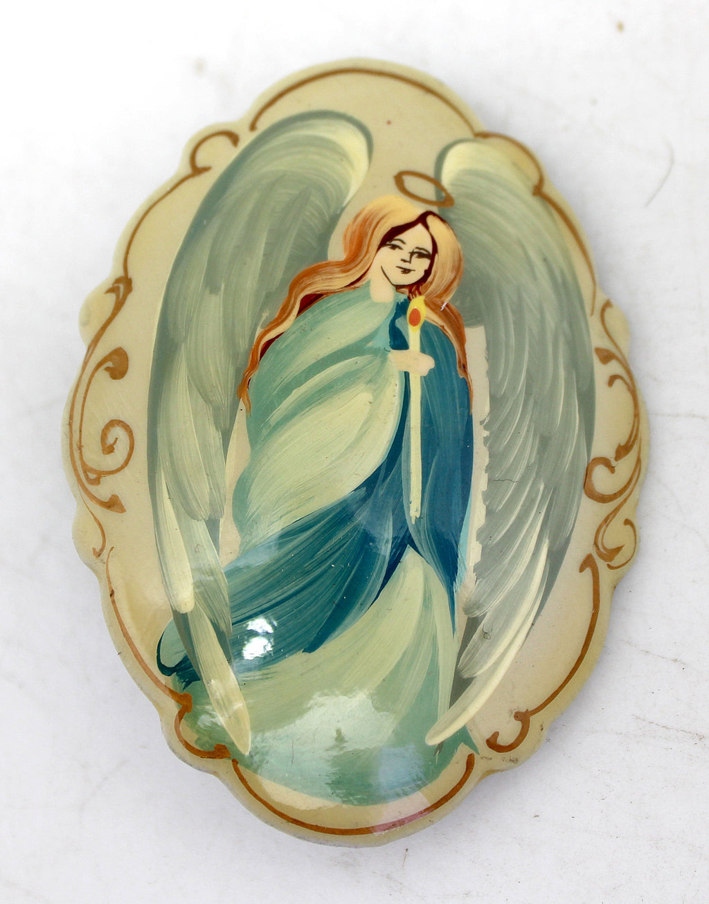 Handpainted Lacquered Miniature Jewelry Brooch Pin by G.DeBrekht Unique Handmade Gift Collectible and Home Decoration