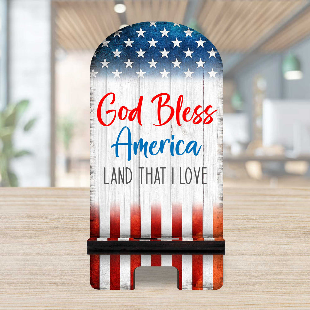 God Bless America Cell Phone Stand Wood Mobile Tablet Holder Charging Station Organizer - 892073