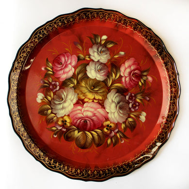 Authentic Zhostovo Floral Hand-Painted Metal Tray - Unique 17x17 Kitchenware and Gift One-of-a-Kind Work of Art by G. Debrekht - Functional Kitchenware for Table and Unique Wall Decor