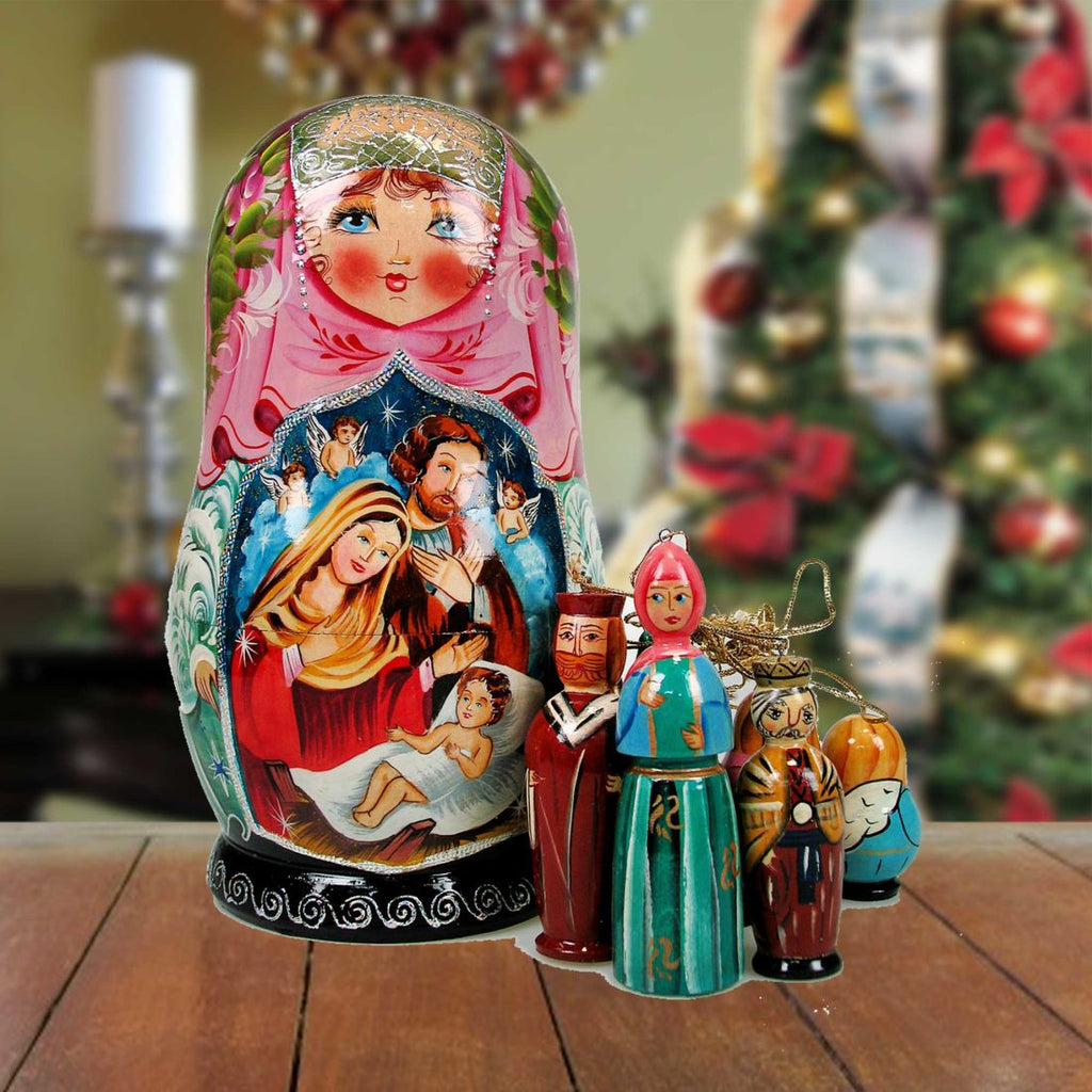 Nativity Angel Hand-Painted Doll with Set of Wooden Ornaments by G. DeBrekht - Nativity Holiday Decor - 1307013