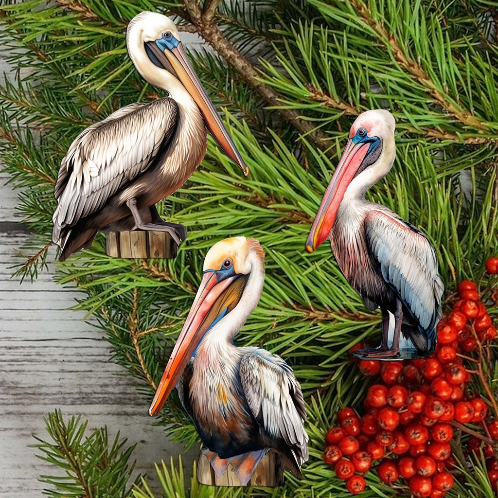 Pelicans Clip-On Eco Wood Decorative Ornaments Set of 3 by G. Debrekht - Christmas Decor - 8091014C-S3