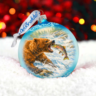 Grizzly Bear Fishing Glass Christmas Ornament – Hand-Painted Holiday Splendor Ornament by G. DeBrekht – 73404