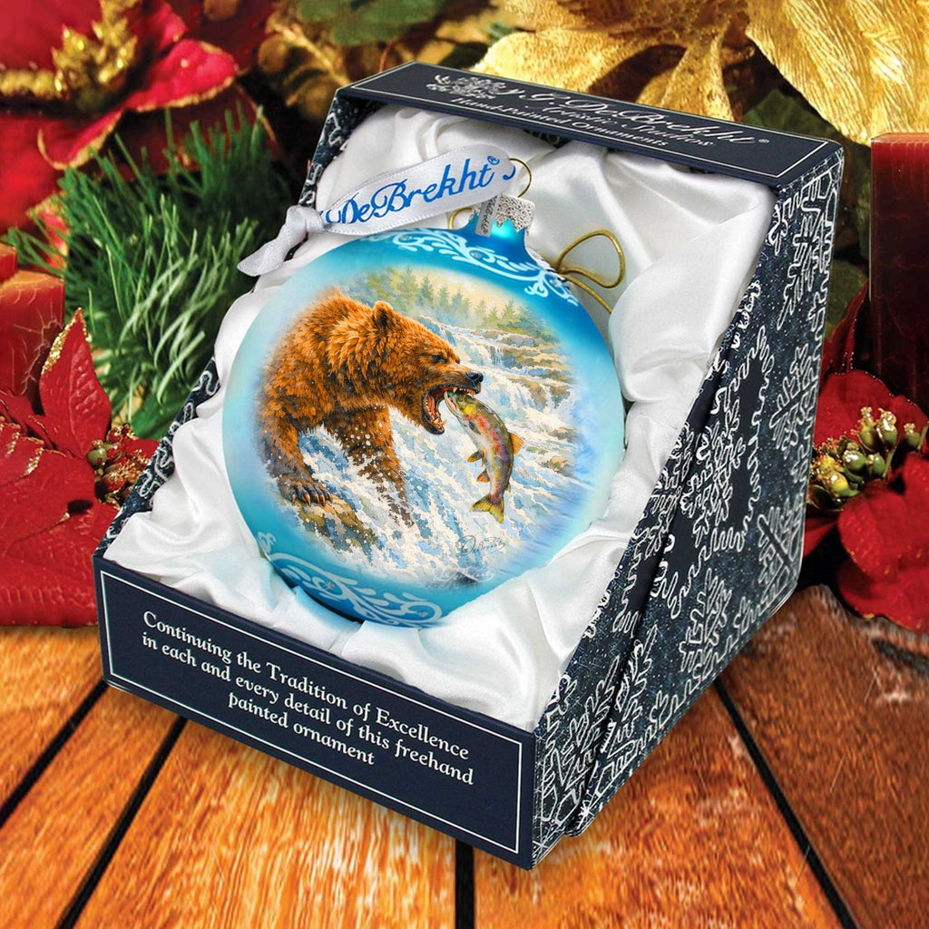 Grizzly Bear Fishing Glass Christmas Ornament – Hand-Painted Holiday Splendor Ornament by G. DeBrekht – 73404