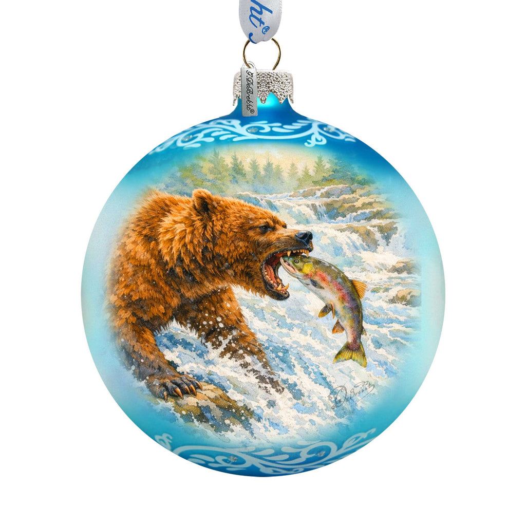 Grizzly Bear Fishing Glass Christmas Ornament – Hand-Painted Holiday Splendor Ornament by G. DeBrekht – 73404