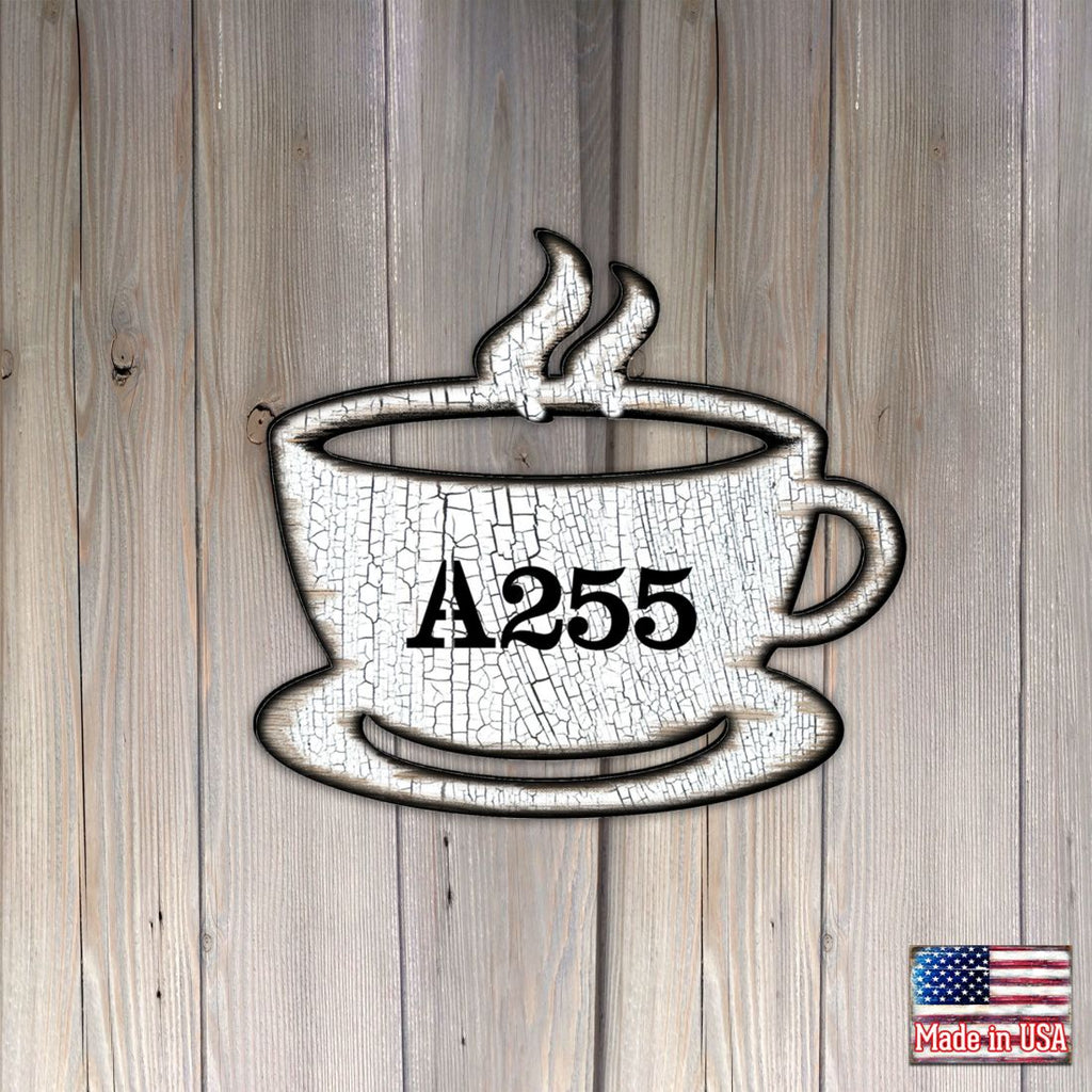 Tea Cup Wooden Custom House Number Sign by G. DeBrekht - Love Family Kids Decor - Handcrafted Wooden Handcrafted Wooden Handcrafted Wooden Address Sign - MA98438