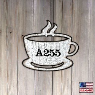 Tea Cup Wooden Custom House Number Sign by G. DeBrekht - Love Family Kids Decor - Handcrafted Wooden Handcrafted Wooden Handcrafted Wooden Address Sign - MA98438