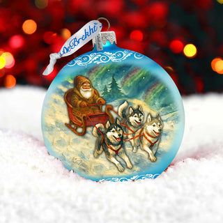 Santa Dog Sled Limited Edition Glass Christmas Ornament – Husky Winter Collectible by G. DeBrekht – 73980