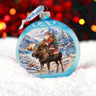 Santa Riding Moose Limited Edition Glass Christmas Ornament – Winter Wildlife Collectible by G. DeBrekht – 73981