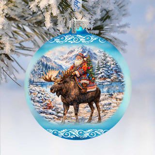 Santa Riding Moose Limited Edition Glass Christmas Ornament – Winter Wildlife Collectible by G. DeBrekht – 73981