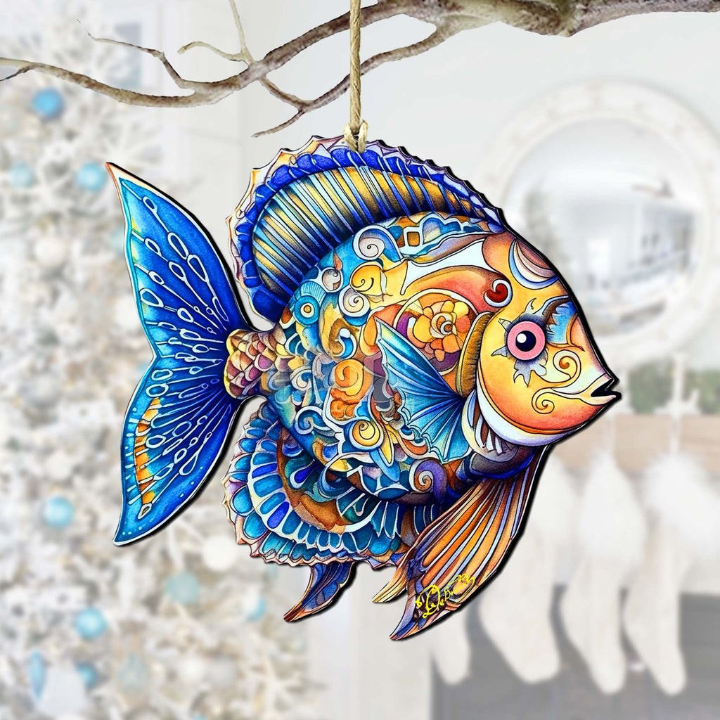 Coastal Christmas Decor - Azure Angel Fish Wooden Ornaments by G.Debrekht Coastal Holiday Decor - 8688303