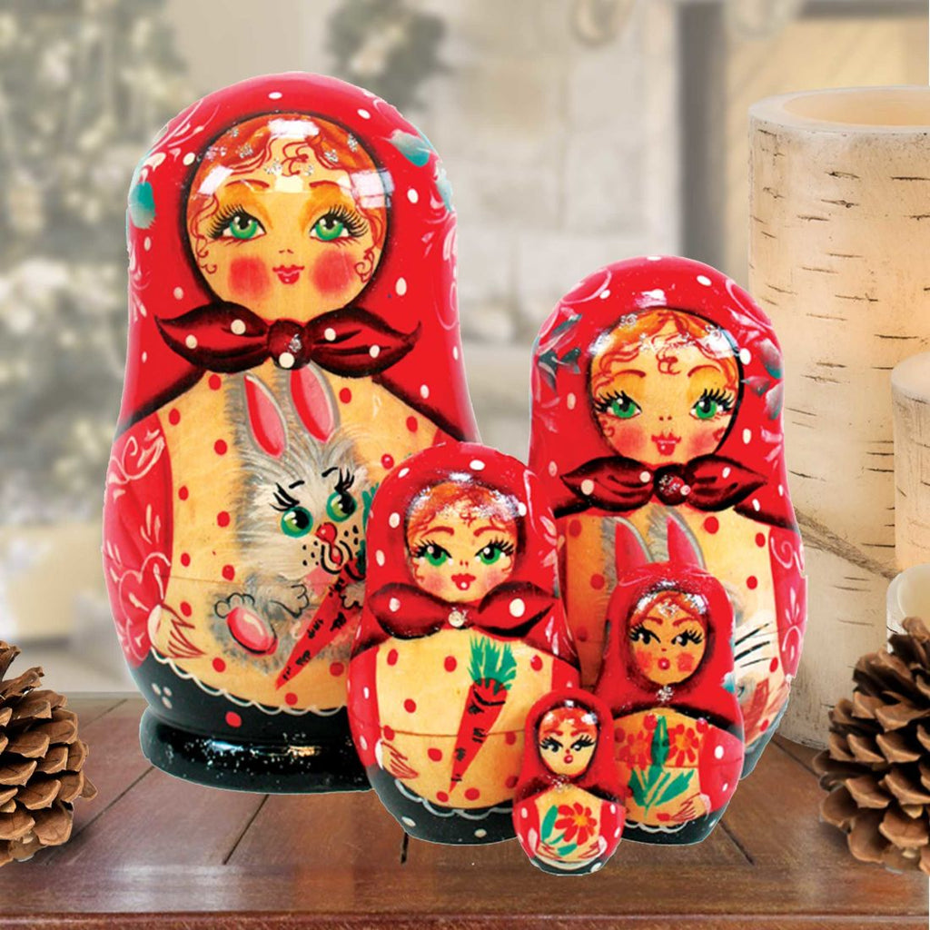 Bunny Matreshka Nesting Hand-Painted Doll Set of 5 by G. DeBrekht - Easter Spring Decor - 120058