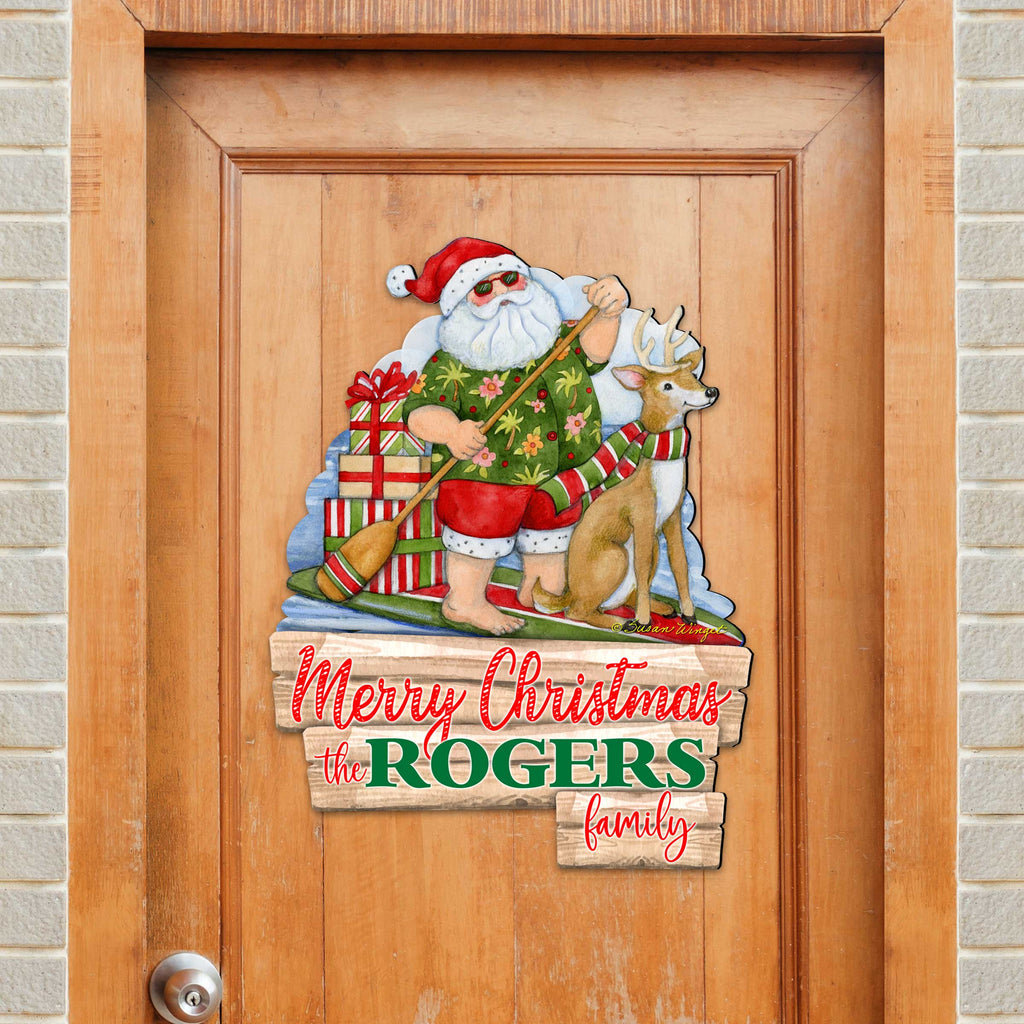 Christmas Decoration Personalized Holiday Welcome Sign with Last Name Santa Door Hanger by Susan Winget - Handmade Gift - 8471114HC-SW