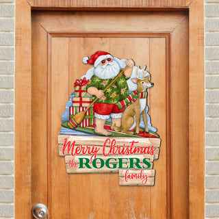 Christmas Decoration Personalized Holiday Welcome Sign with Last Name Santa Door Hanger by Susan Winget - Handmade Gift - 8471114HC-SW