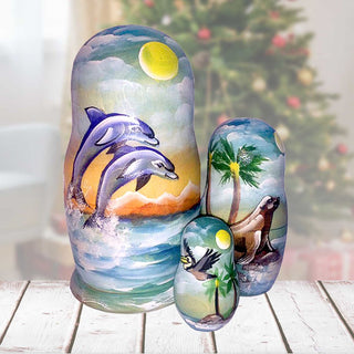 Dolphins Seal & Pelican Matreshka Nesting Hand-Painted Doll Set of 3 by G. DeBrekht - Coastal Holiday Decor - 14741