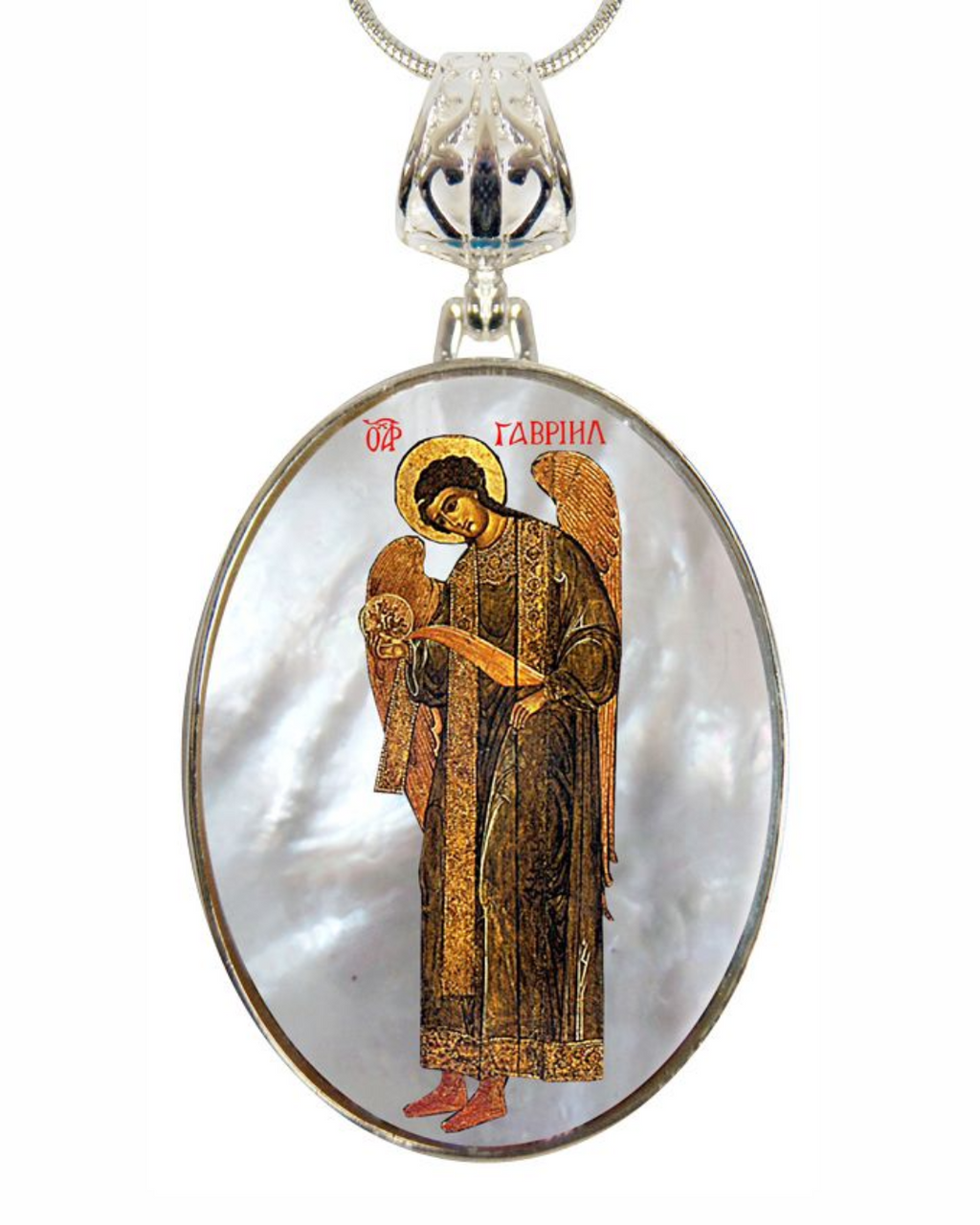 a pendant with a religious icon of a saint or angel, possibly a Christian figure, encased in a silver-colored frame.
