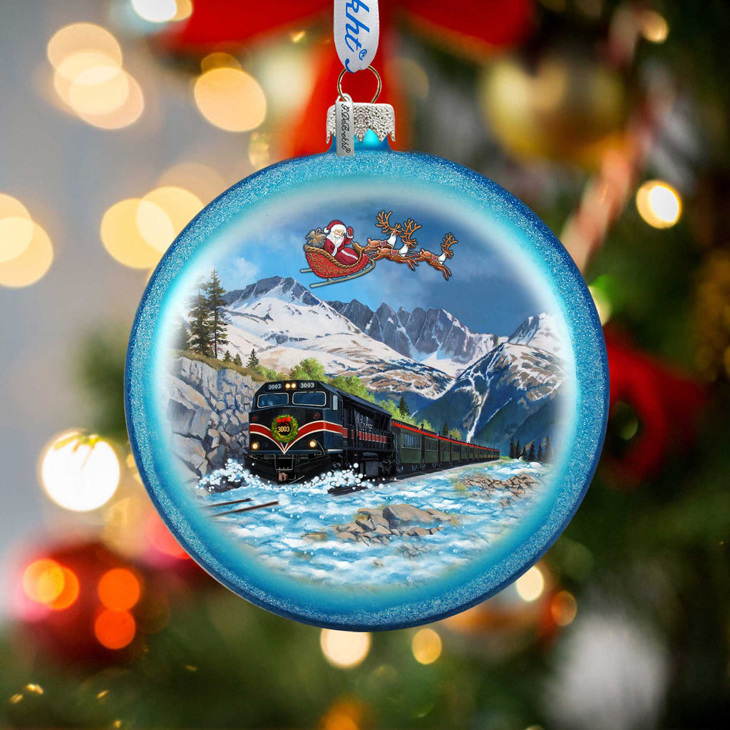 Alaska Railroad Christmas Glass Ornament – Santa Train Mountain Scene Holiday Splendor Ornament by G. DeBrekht – 744-052