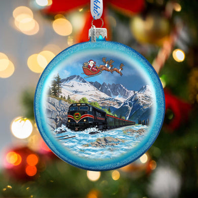 Alaska Railroad Christmas Glass Ornament – Santa Train Mountain Scene Holiday Splendor Ornament by G. DeBrekht – 744-052