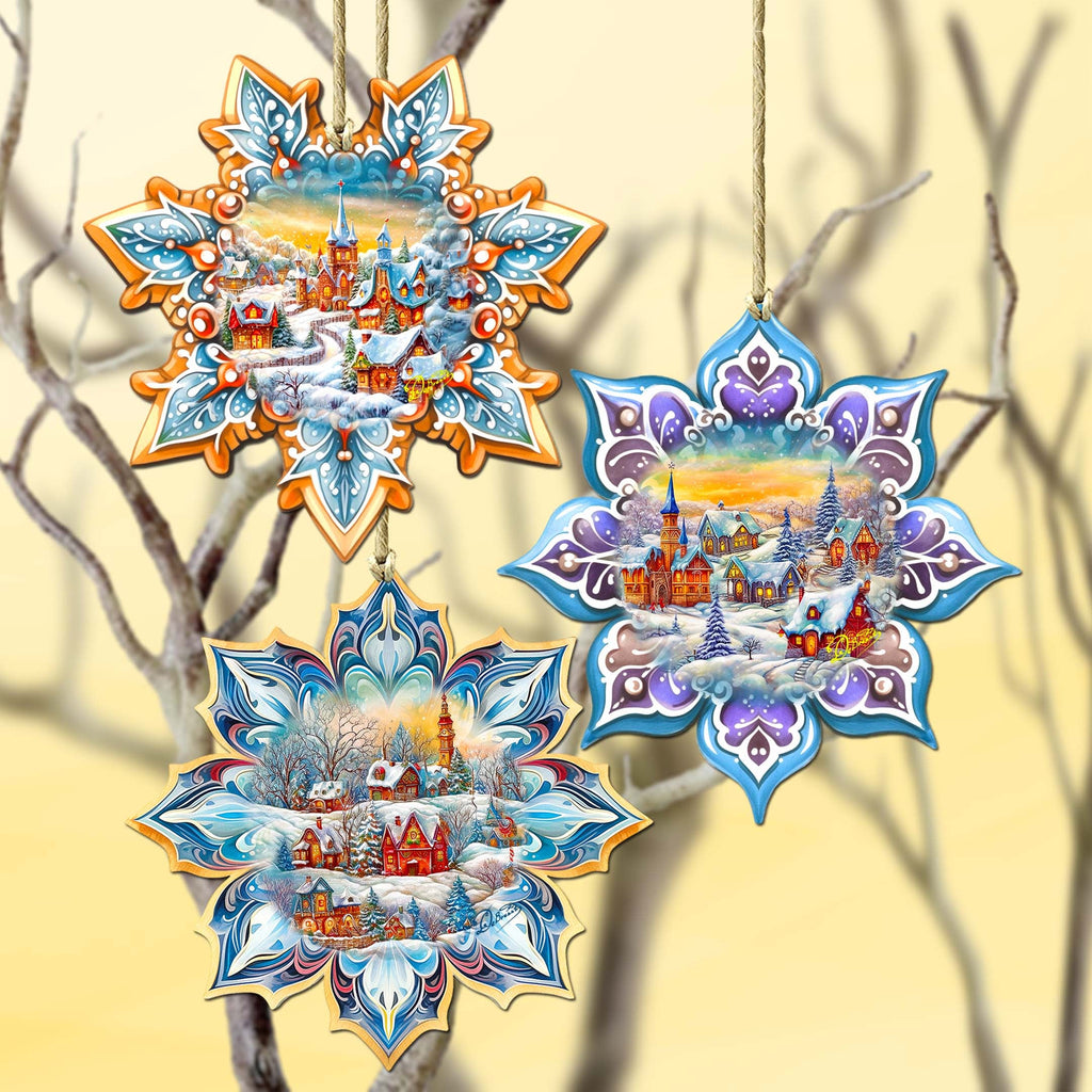Winter Village Snowflake Eco Wood Ornaments Set of 3 by G. Debrekht - Christmas Decor - 8090146-S3