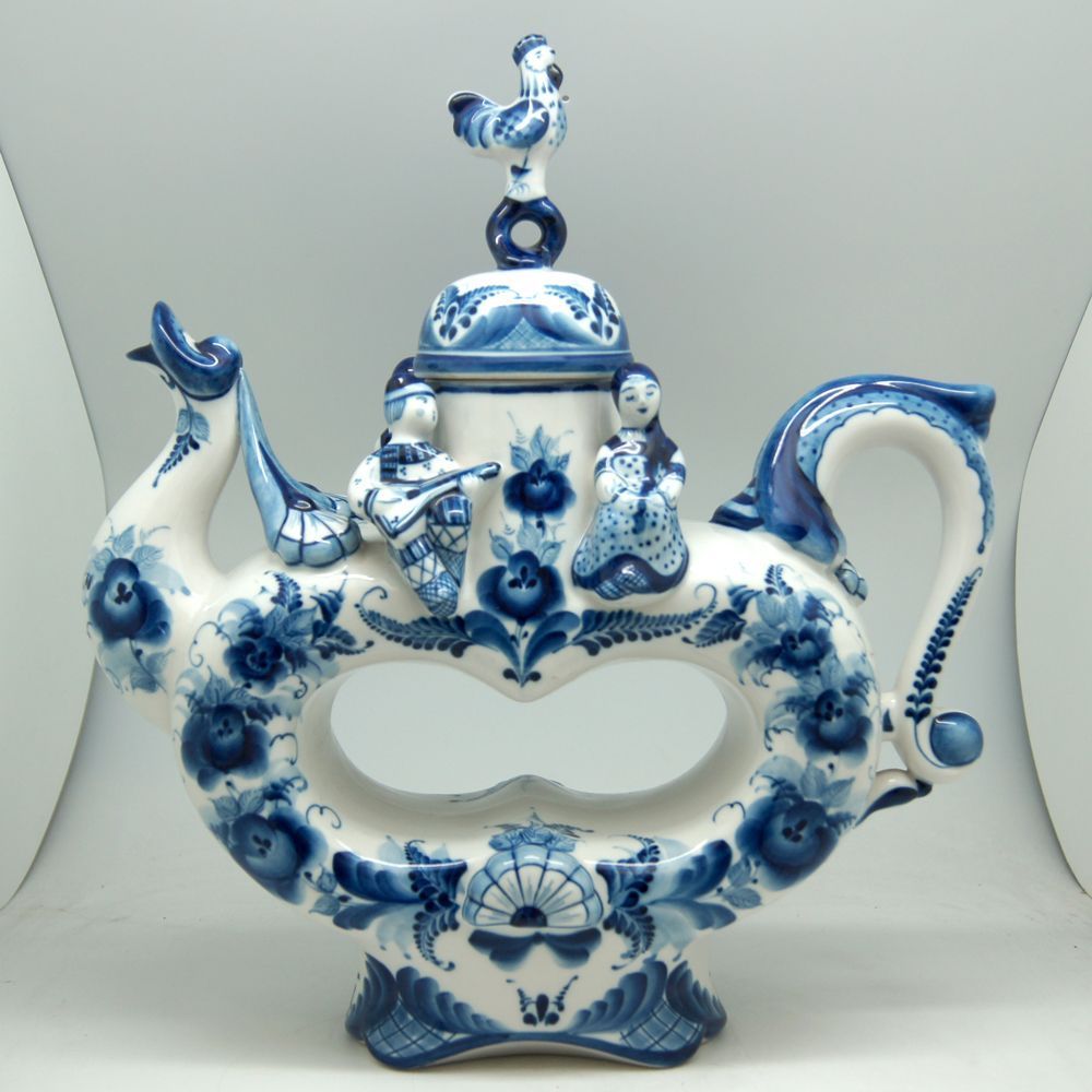 Gzhel Authentic Hand-Painted Fine Porcelain Decorative Blue and White Collectible Teapot by G DeBrekht