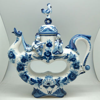 Gzhel Authentic Hand-Painted Fine Porcelain Decorative Blue and White Collectible Teapot by G DeBrekht