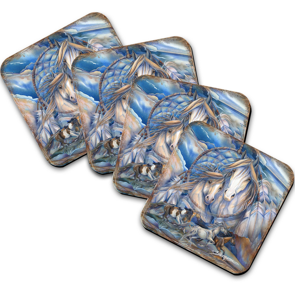 The image is a collage of four square images, each depicting a fantastical scene with a unicorn, a dragon, and a horse.