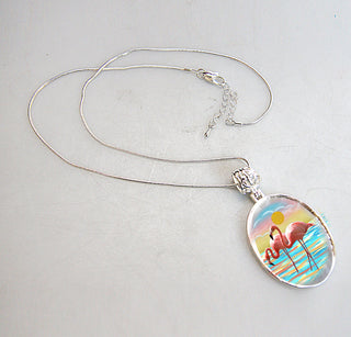 Flamingos Silver Plated Mother of Pearl Jewelry Pendant Necklace Coastal - 44046