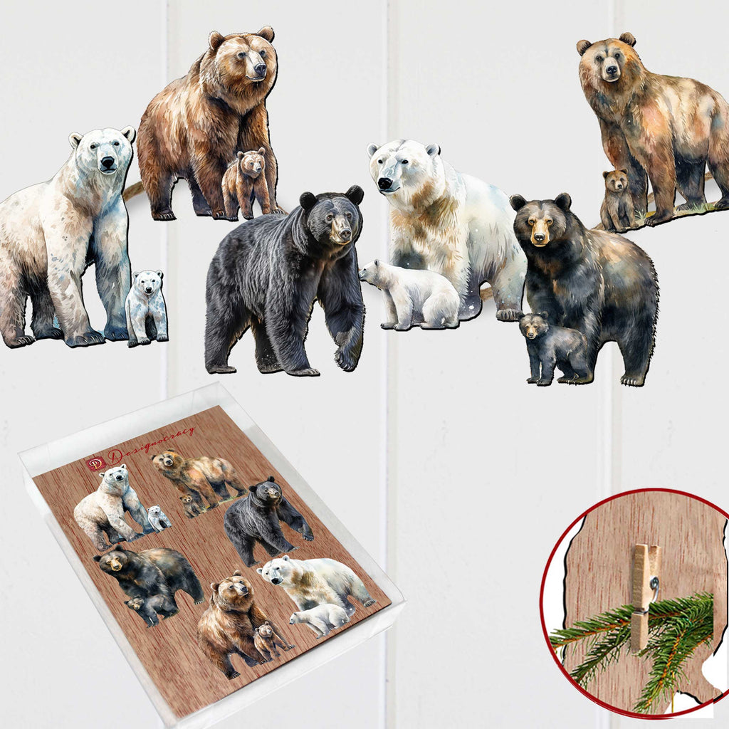 Bear Adventures Clip-On Eco Wood Decorative Ornaments Set of 6 by G. Debrekht - Wildlife Decor - 8090105C-S6