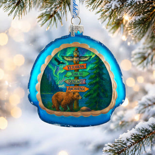 Alaska Bear & Totem Sign Glass Christmas Ornament - 756-028