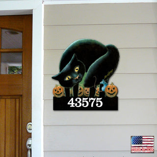 Black Cat Wooden Custom House Number Sign by Laura Seeley - Thanksgiving Halloween Decor - Handcrafted Wooden Address Sign - MA8512056-LS