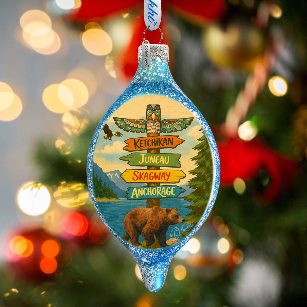 Alaska Bear Destination Signs Handblown Mercury Glass Christmas Ornament by G. Debrekht - 757-057