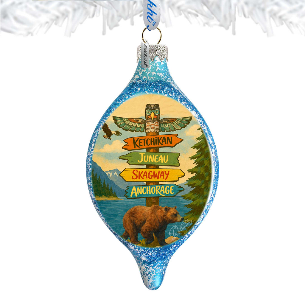 Alaska Bear Destination Signs Handblown Mercury Glass Christmas Ornament by G. Debrekht - 757-057