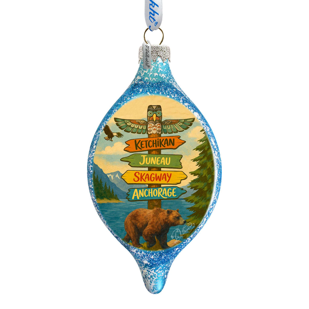 Alaska Bear Destination Signs Handblown Mercury Glass Christmas Ornament by G. Debrekht - 757-057