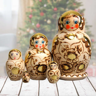 Gold Floral Matreshka Nesting Hand-Painted Doll Set of 5 by G. DeBrekht - Christmas Decor - 140121