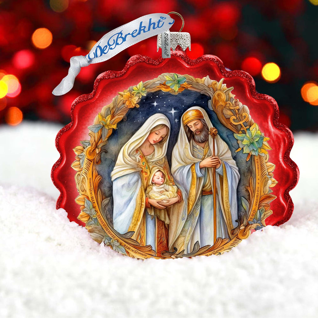 Classic Holy Family Nativity Wreath Glass Ornament by G. Debrekht - Christmas Santa Snowman Décor - 759-059