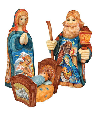 Holy Family in the Manger - Nativity Set of 4 Christmas Figurines by G. Debrekht - Reserve Hand-Painted Holiday Decor with Wooden Base Manger - 53612-B3W