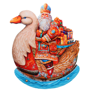Charming Santa Riding Goose Limited Edition Wooden Figurine Centerpiece by G. Debrekht - Christmas Decor - 89314