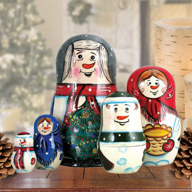 Happy Snowman Family Matreshka Nesting Hand-Painted Doll Set of 5 by G. DeBrekht - Christmas Decor - 110090
