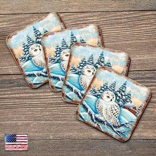 Owl Wooden Cork Coasters Gift Set of 4 by Nature Wonders - Nature Wildlife Decor - 95213C-S4