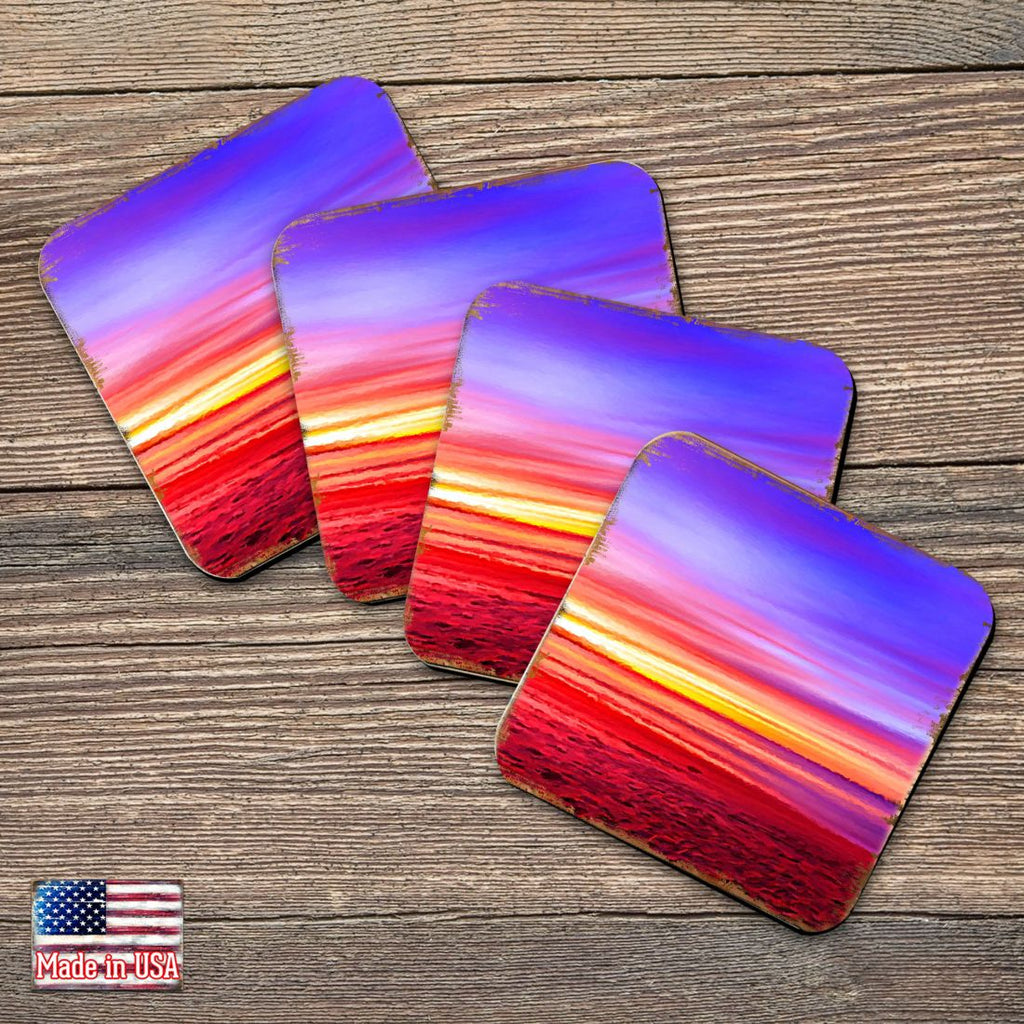 Sunset Coastal Wooden Cork Coasters Gift Set of 4 by Nature Wonders - Coastal Sea-Life Decor - 95360C-S4