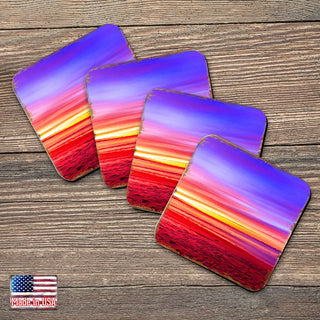 Sunset Coastal Wooden Cork Coasters Gift Set of 4 by Nature Wonders - Coastal Sea-Life Decor - 95360C-S4