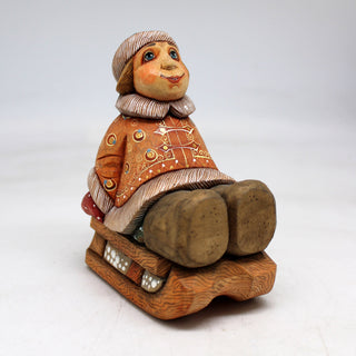 One-of-a-Kind Boy on Sleigh WOODCARVED Figurine 5x3.5x2.5